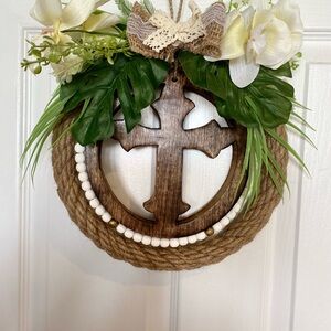 Rustic Cross Wreath with Faux Florals